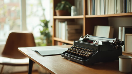 Aufkleber - Classic typewriter on a wooden desk in a cozy workspace filled with books and natural light