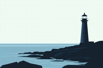 Poster - Lighthouse silhouette against calm sea at dusk on a rocky coast with empty space for text. Generative AI