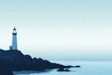Poster - Lighthouse silhouette on a rocky coast at twilight with serene waters and minimalist design for text placement. Generative AI