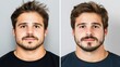 © Sumet - Portrait of a young male with a mustache, showcasing two expressions, casual attire, against a neutral background, emphasizing emotions and personality traits