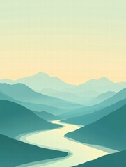 Poster - majestic mountain range with a winding river flowing through minimalist landscape template for text 