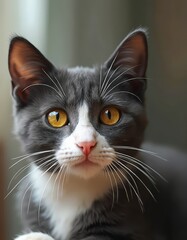 Wall Mural - A gray and white cat with yellow eyes looking at the camera