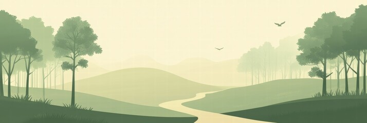 Poster - Winding minimalist forest path into the distance surrounded by soft trees and gentle hills creating a serene atmosphere. Generative AI