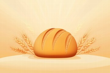 Poster - Rustic minimalist bread loaf surrounded by wheat grains on a soft beige background with copy space for text. Generative AI