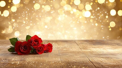 Poster - Romantic Red Roses on Wood Table with Bright Golden Background