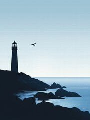 Poster - Silhouette of a lighthouse on a rocky coast at dusk with calm waters and a bird in flight. Generative AI
