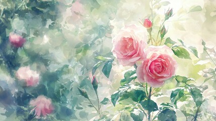 Aufkleber - Soft Pink Roses with Delicate Green Foliage and Dreamy Background