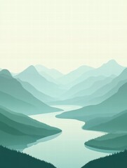 Poster - Winding river flows through tranquil mountain range with minimalist design and ample space for text. Generative AI