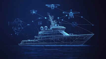 Poster - Advanced ship with AI sensors and communication satellites, drone image showcasing its innovative design.