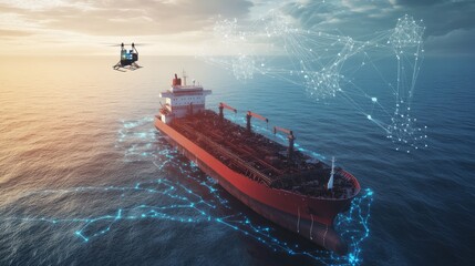 Poster - Advanced ship with AI sensors and communication satellites, drone image showcasing its innovative design.