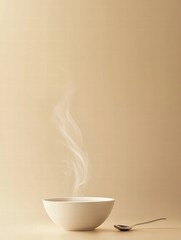 Leinwandbilder - Warm soup bowl surrounded by steam and a spoon on minimalist backdrop inviting comfort and warmth. Generative AI