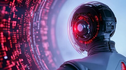 Poster - A robot with a red head is looking at a computer screen with a red background. The robot's head is glowing red, and the computer screen is filled with red lines and shapes