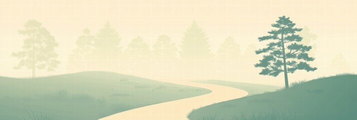 Poster - Winding forest path invites exploration through a serene minimalist landscape. Generative AI