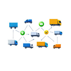 Various delivery trucks connected by arrows, depicting logistics pathways and communication icons symbolizing transportation and distribution.