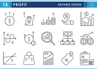 Leinwandbilder - A set of line icons related to profits. Revenue, earning, cash flow, financial gain, surplus, growth, and so on. Vector editable stroke.