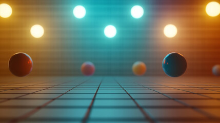 Poster - Colorful spheres floating over a grid with glowing lights in a creative and vibrant setting