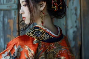 Close up of a young japanese woman wearing an elaborate kimono with floral patterns and traditional hair ornaments