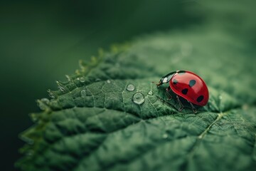 Poster - Close up of ladybug exploring green leaf covered with fresh dew, showcasing vibrant red shell and delicate water droplets