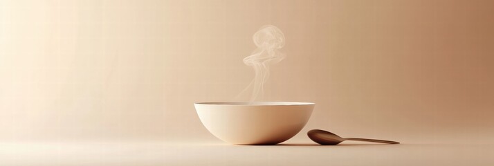 Poster - Warm soup bowl with steam curls and a spoon set against a minimalist backdrop perfect for cozy dining experiences. Generative AI