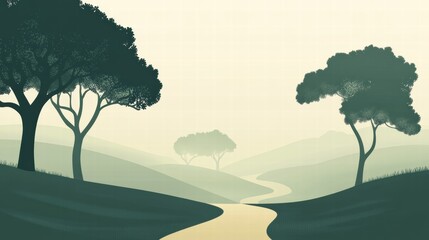 Poster - Winding forest path leads into a tranquil distance surrounded by silhouettes of trees. Generative AI