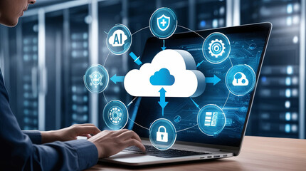 Futuristic Digital Artwork of a Person Typing on a Laptop with Cloud and Technology Icons