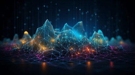 Poster - Stylized 3D rendering of a digital landscape. Network connections form glowing peaks and valleys in a dark, abstract scene. Data points illuminate the terrain.