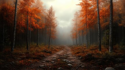 A serene, misty forest path is surrounded by tall trees adorned with vibrant orange foliage, evoking a sense of mystery and autumnal beauty in nature's embrace.