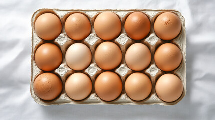 Twelve brown organic eggs nestled in carton, resting on white tablecloth, bathed in soft natural illumination from overhead perspective