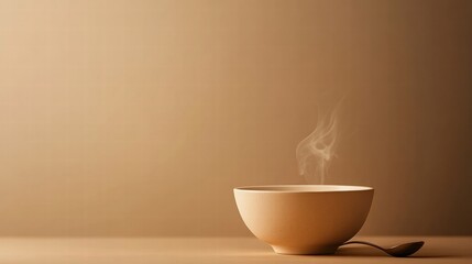 Leinwandbilder - Bowl of steaming soup against a minimalist backdrop with a spoon resting nearby, perfect for cozy moments and culinary inspiration. Generative AI