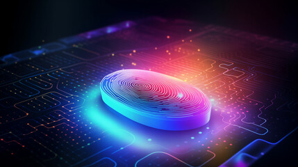 Poster - A vibrant, digital rendering showcases a 3D fingerprint, glowing with colorful light, positioned on a circuit board, symbolizing biometric authentication and digital security.