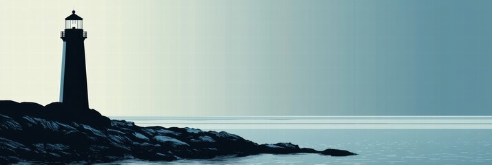 Poster - Silhouette of a lighthouse on a rocky coast against a calm ocean with space for text or design elements. Generative AI