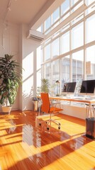 Poster - Modern tech startup office with open workspace collaborative environment bright sunlight clean design vibrant colors