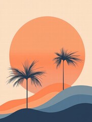 Poster - Palm trees silhouetted against a pastel orange and blue sunset gradient in a minimalist design. Generative AI