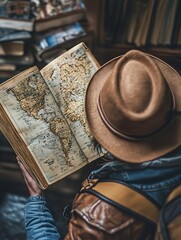 Poster - Traveler in Hat Exploring Ancient World Map in Old Library Setting : Generative AI