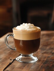 Poster - Steaming mug of coffee with creamy foam on rustic wooden table : Generative AI