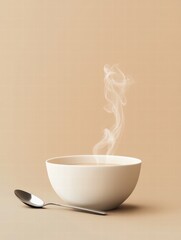 Leinwandbilder - Warm soup bowl with steam curling above and a spoon resting beside in a minimalist setting. Generative AI
