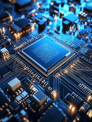 Aufkleber - Futuristic CloseUp of Computer Chip Circuit with Glowing Blue Technology : Generative AI