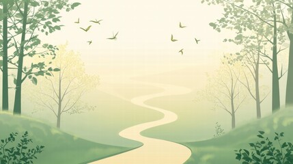 Fototapete - Winding forest path inviting exploration on a serene morning in a minimalist landscape with gentle hues. Generative AI