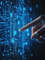 Poster - Futuristic Digital Circuit Technology with Illuminated Network Board and Finger Touch : Generative AI