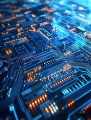 Aufkleber - Futuristic Circuit Board with Glowing Blue Connections and Technology Elements : Generative AI
