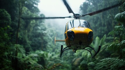 A vibrant yellow helicopter is shown hovering above a lush, densely vegetated jungle as raindrops pattern its windows, evoking adventure and exploration.