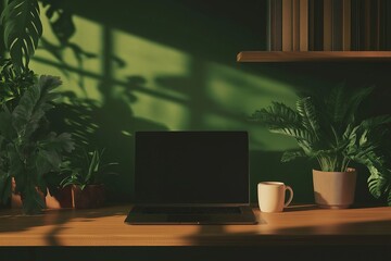 Poster - A laptop and coffee cup on a clean desk with soft shadows.