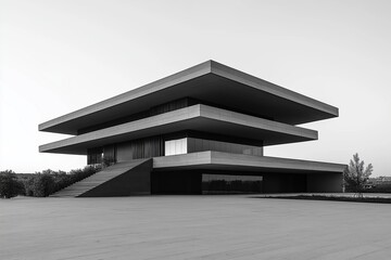 Poster - A lone building with sharp edges and large glass panels under a clear sky