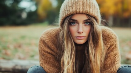 A woman wearing a thick brown knit sweater and matching hat sits outdoors, enveloped by autumn's warm colors, reflecting tranquility and beauty.