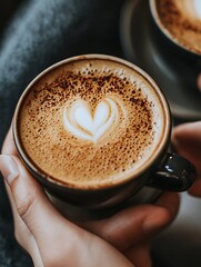 Poster - Hand Holding Cup of Coffee with Heart Latte Art in Cozy Cafe Setting : Generative AI