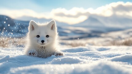 A charming white fox cub gazes with playful curiosity as it rests in a snow-covered landscape, capturing the essence of winter wonder and innocent joy in nature.