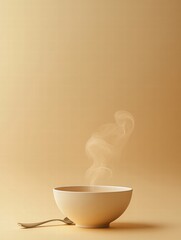 Poster - Warm soup bowl with steam and spoon on minimal backdrop creates a soothing culinary atmosphere for cozy dining moments. Generative AI