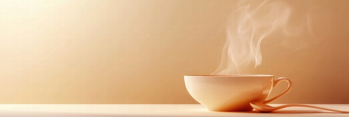 Leinwandbilder - Steam rises from a warm soup bowl with a spoon placed beside it in a minimalist setting with copy space. Generative AI