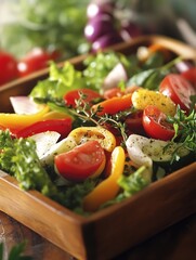 Poster - Fresh garden salad with tomatoes peppers onions and herbs in wooden bowl : Generative AI