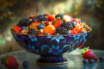 Colorful granola bowl with fresh berries and sliced fruits